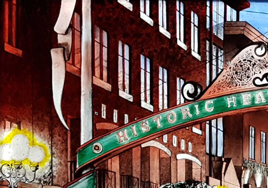 Glasmalerei Stadtmotiv auf Leuchtdisplay
